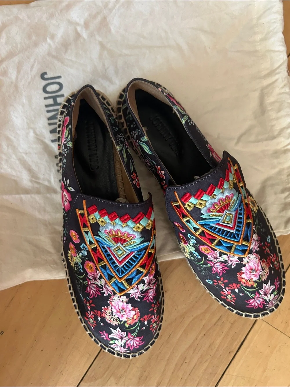 Johnny Was Black Espadrille Slip-Ons with Multicolor Floral Embroidery